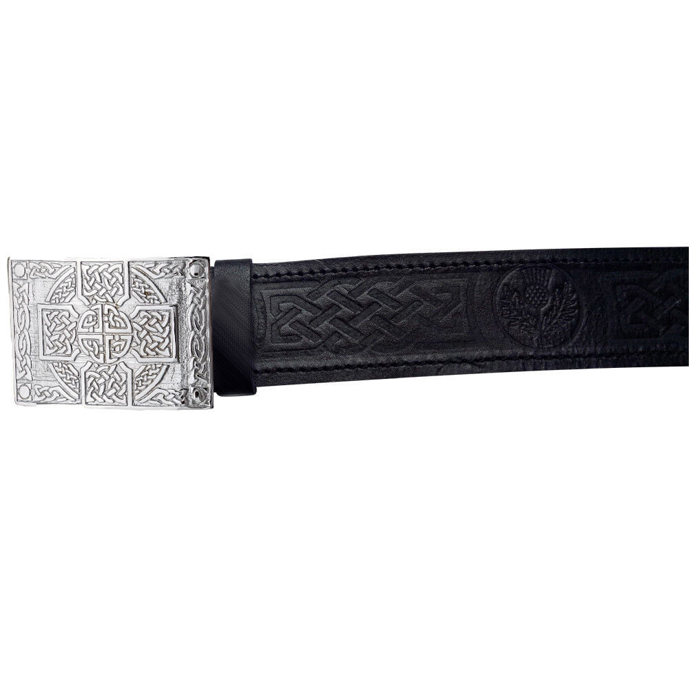 Scottish Belt Black Leather Thistle Embossed Celtic CrossKnot belt Buckle-TC