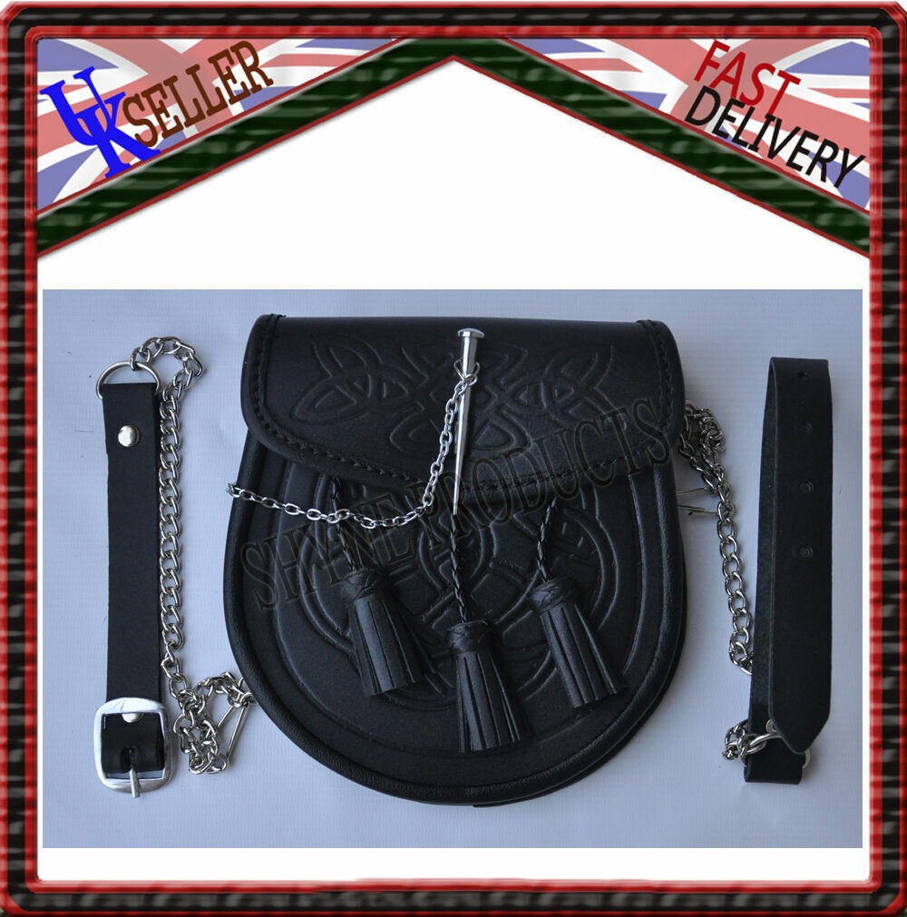 CELTIC EMBOSSED BLACK LEATHER LATCH PIN KILT SPORRAN With Belt and Chain