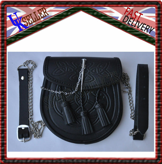 CELTIC EMBOSSED BLACK LEATHER LATCH PIN KILT SPORRAN With Belt and Chain