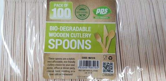 100 Pack Wooden Cutlery Spoons Bio degradable Picnic BBQ Buffet New
