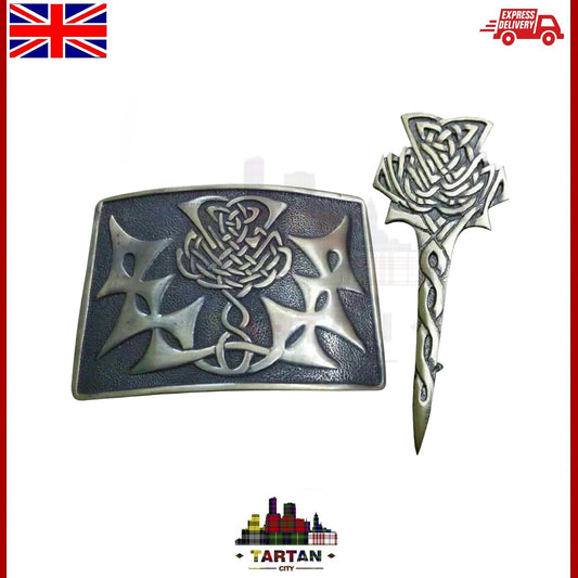 Antique Finish Celtic Knot Kilt Belt Buckle – Thistle Pin Accent by Tartancity