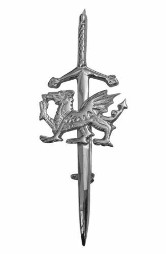 TC Welsh Dragon Kilt Pin 4" Chrome/Brooch Pins/Dragon welsh Emblem kilt pins