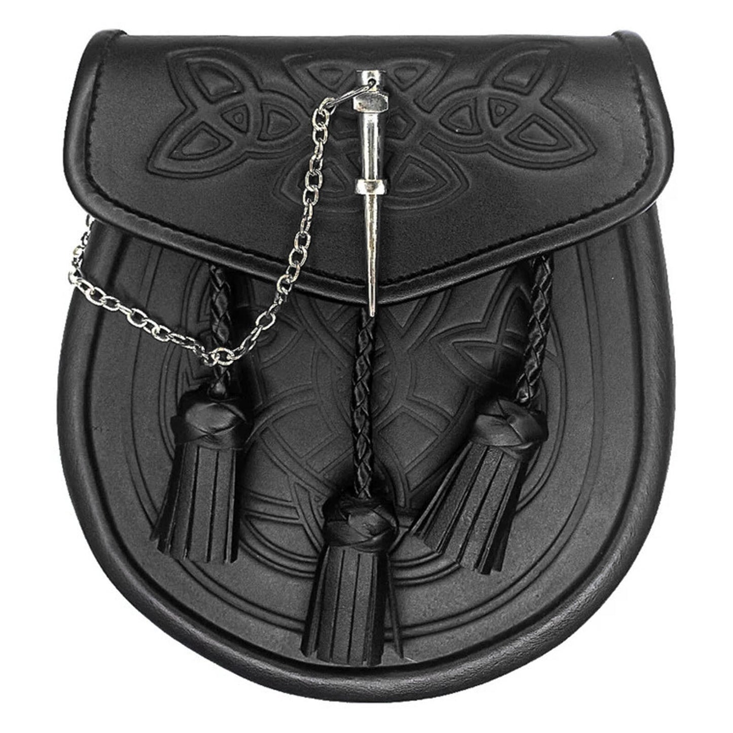 Tartancity Celtic Black Leather Kilt Sporran with Latch Pin, Belt & Chain