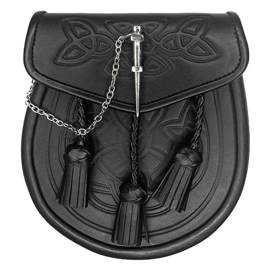 Tartancity Celtic Black Leather Kilt Sporran with Latch Pin, Belt & Chain
