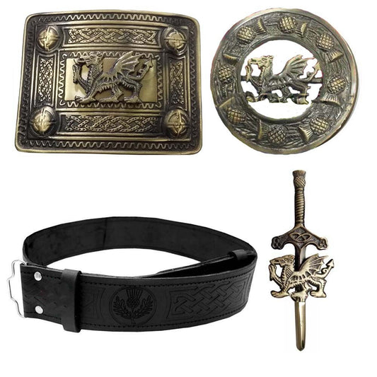 Scottish Kilt Pin,Brooch,Leather Belt & Buckle Antique Thistle Embossed Set Of 4