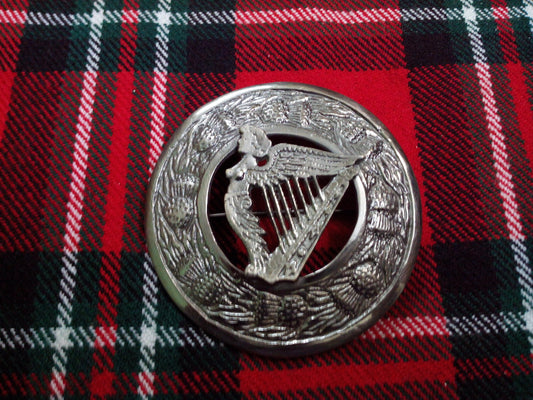 TC Men’s Kilt Fly Plaid Brooch Irish Harp Chrome Finish/Celtic Harp Brooches