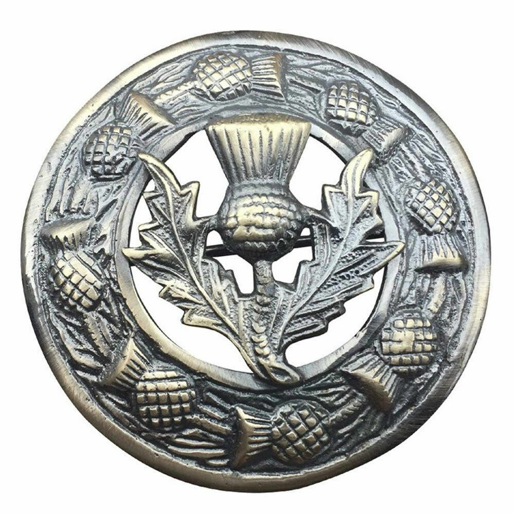 TC Thistle Brooch Brass for Kilt Fly Piper Plaid Antique/Chrome Finish 3"