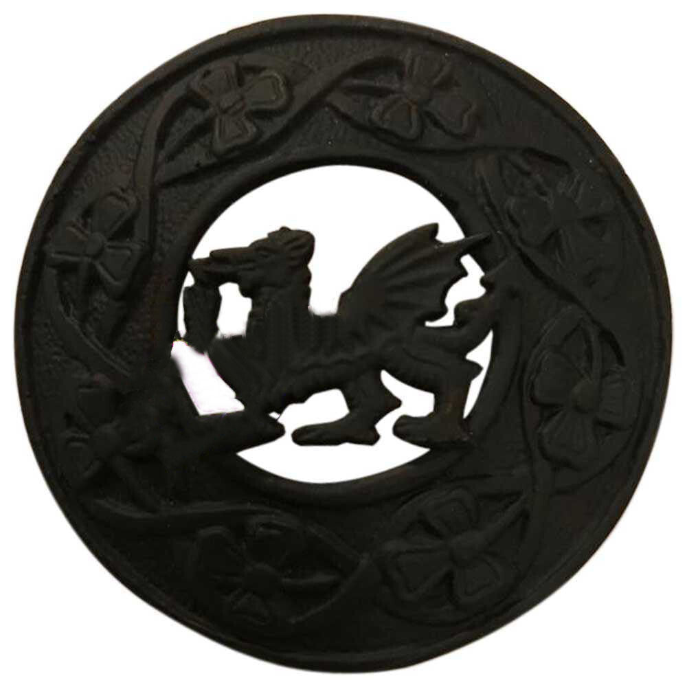 Scottish Welsh Dragon Kilt Fly Plaid Brooch Antique&Jet Black 3" (7cm)