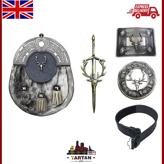 Scottish Kilt Set with Stag Head – 5-Piece Belt, Sporran, Buckle, Pin & Brooch