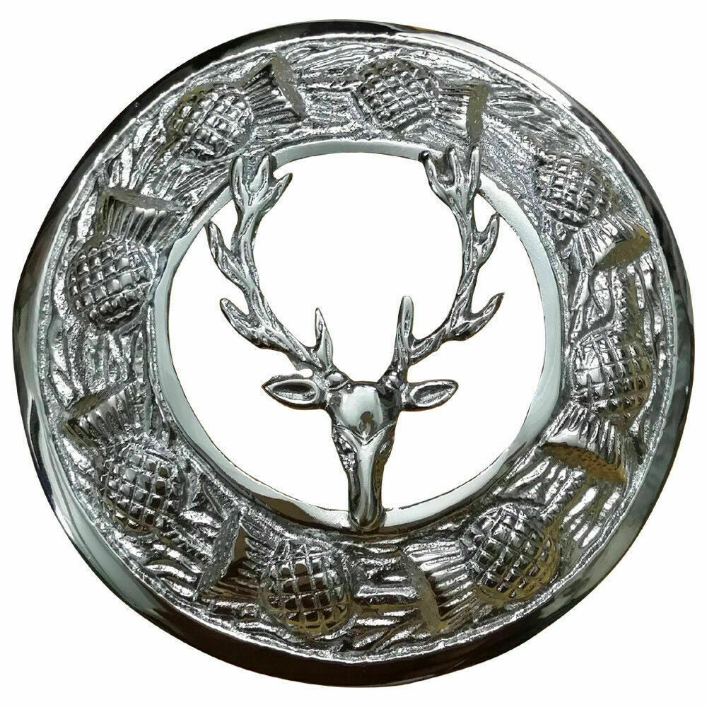 KILT FLY PLAID BROOCH LARGE WITH SCROLLING THISTLE BORDER VARIOUS DESIGNS-Tc
