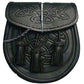 CELTIC EMBOSSED BLACK LEATHER LATCH PIN KILT SPORRAN With Belt and Chain