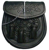 CELTIC EMBOSSED BLACK LEATHER LATCH PIN KILT SPORRAN With Belt and Chain