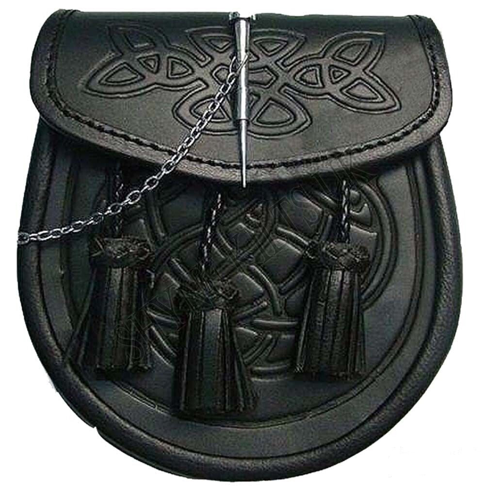 CELTIC EMBOSSED BLACK LEATHER LATCH PIN KILT SPORRAN With Belt and Chain