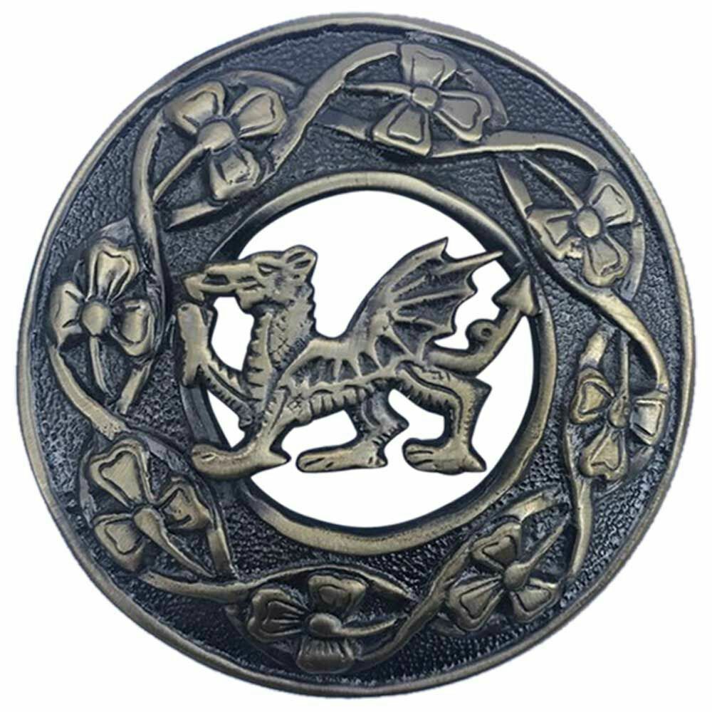 Scottish Welsh Dragon Kilt Fly Plaid Brooch Antique&Jet Black 3" (7cm)