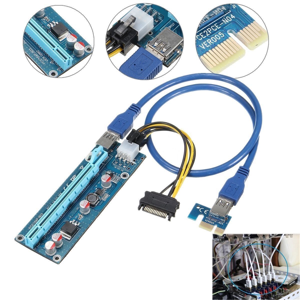 6 pcs 1x To 16x Extender Riser USB 3.0 Power Cable Bitcoin Card Adapter PCI-E