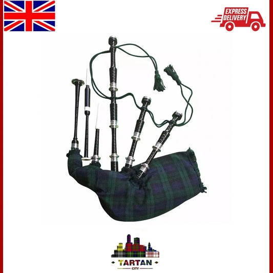 TartanCity Bagpipes - Black Rosewood & Silver Mounts with Tartan Cover