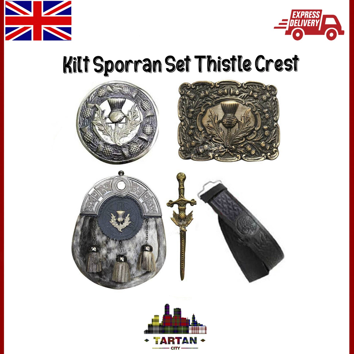 Tartancity Kilt Accessory Set - Sporran, Buckle, Brooch & Pins for Full Outfit