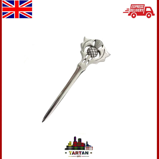 4" Scottish Thistle Kilt Pin - Silver Finish Highland Hilt for Kilts