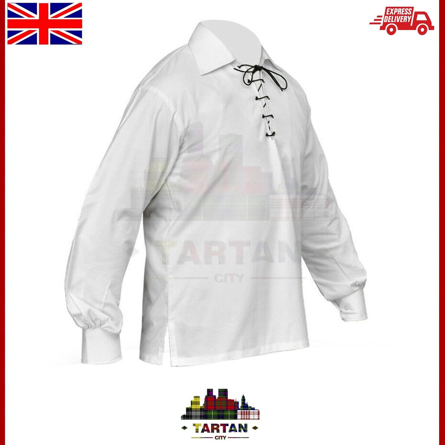 TC Men Traditional Highland Ghillie Shirt Scottish Jacobite Kilt Shirts White
