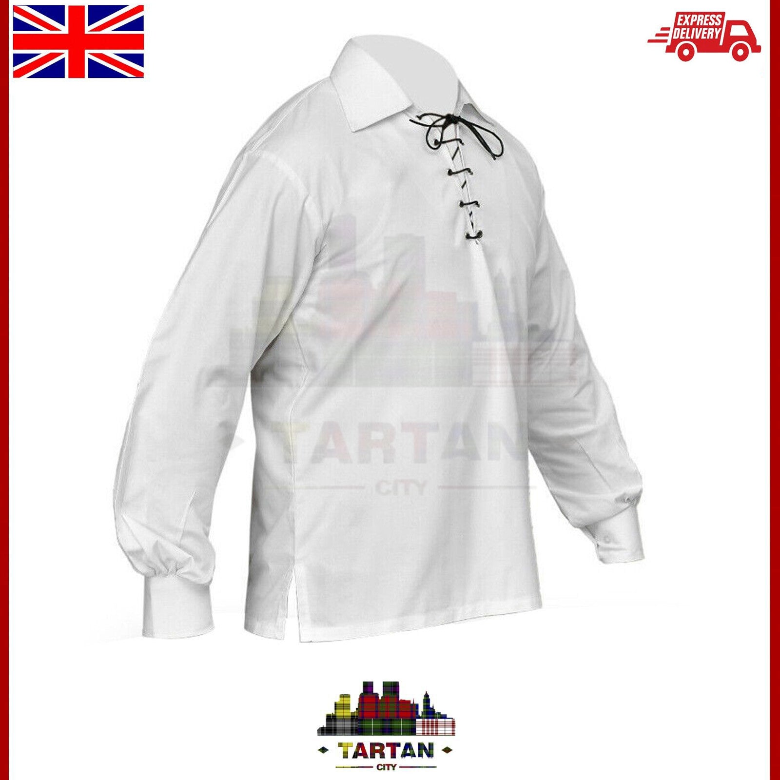 TC Men Traditional Highland Ghillie Shirt Scottish Jacobite Kilt Shirts White