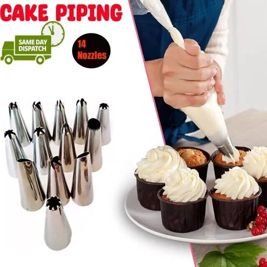TC PIPING ICING CUPCAKE DECORATING COTTON BAG NOZZLE SET 14Pcs SUGARCRAFT CUP