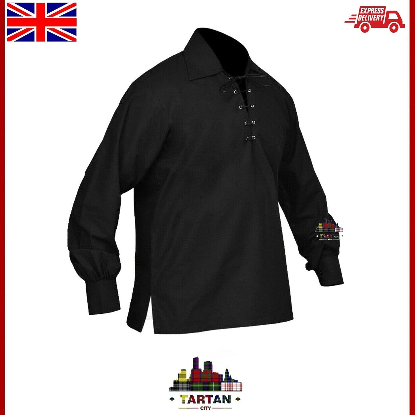 Traditional Highland Men Ghillie Shirt Scottish Jacobite Kilt Shirts Black
