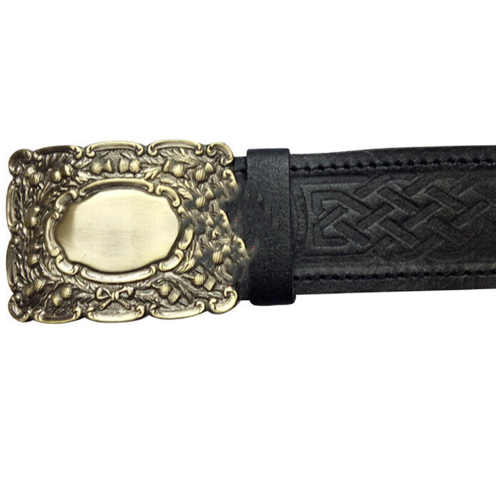 New Scottish Kilt Belt Leather Thistle Embossed Black Piper Belts Buckles-TC