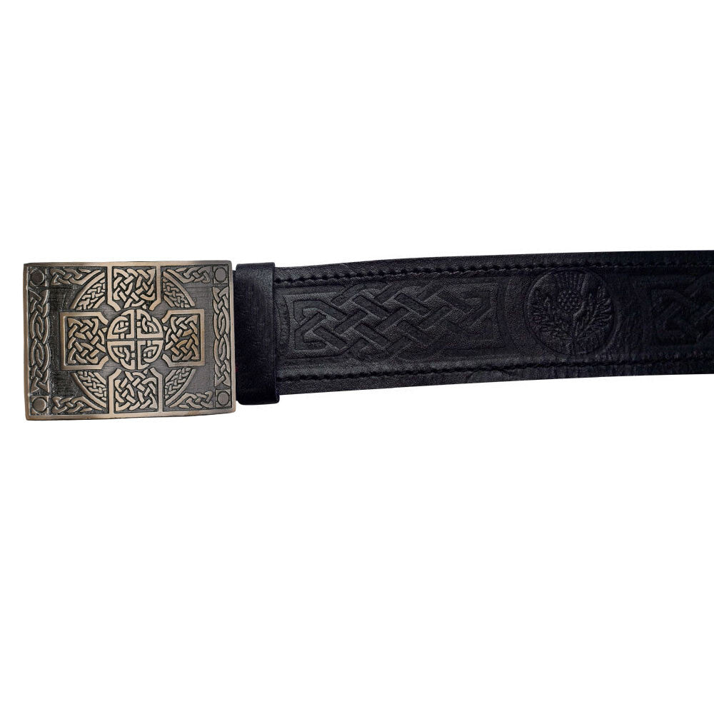 Scottish Belt Black Leather Thistle Embossed Celtic CrossKnot belt Buckle-TC