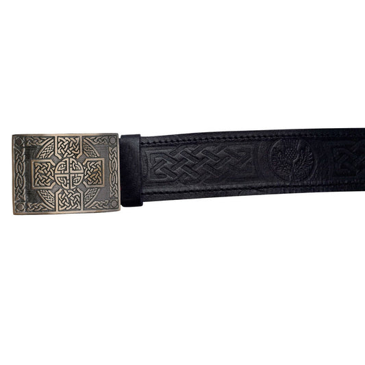 Scottish Belt Black Leather Thistle Embossed Celtic CrossKnot belt Buckle-TC
