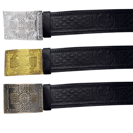 Scottish Belt Black Leather Thistle Embossed Celtic CrossKnot belt Buckle-TC
