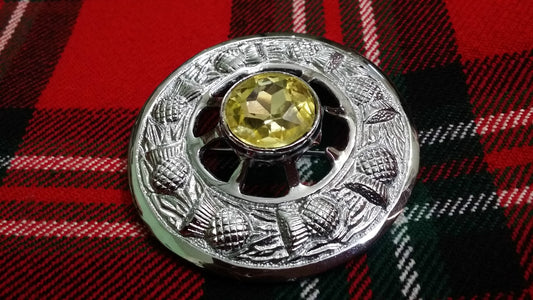TC Celtic Fly Plaid Brooch Chrome Finish Yellow Stone 3"/Thistle Brooches Pin