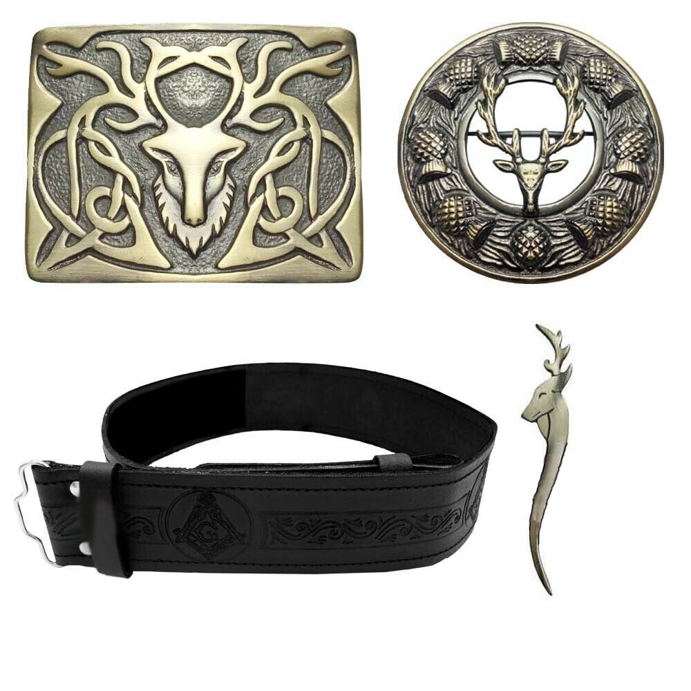 TC Masonic Kilt Belt Buckle Scottish Highland Kilts Pin & Brooch Stag Head Badge