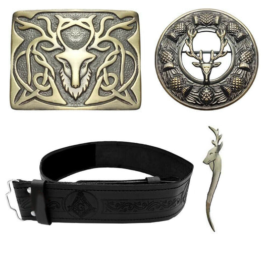 TC Masonic Kilt Belt Buckle Scottish Highland Kilts Pin & Brooch Stag Head Badge