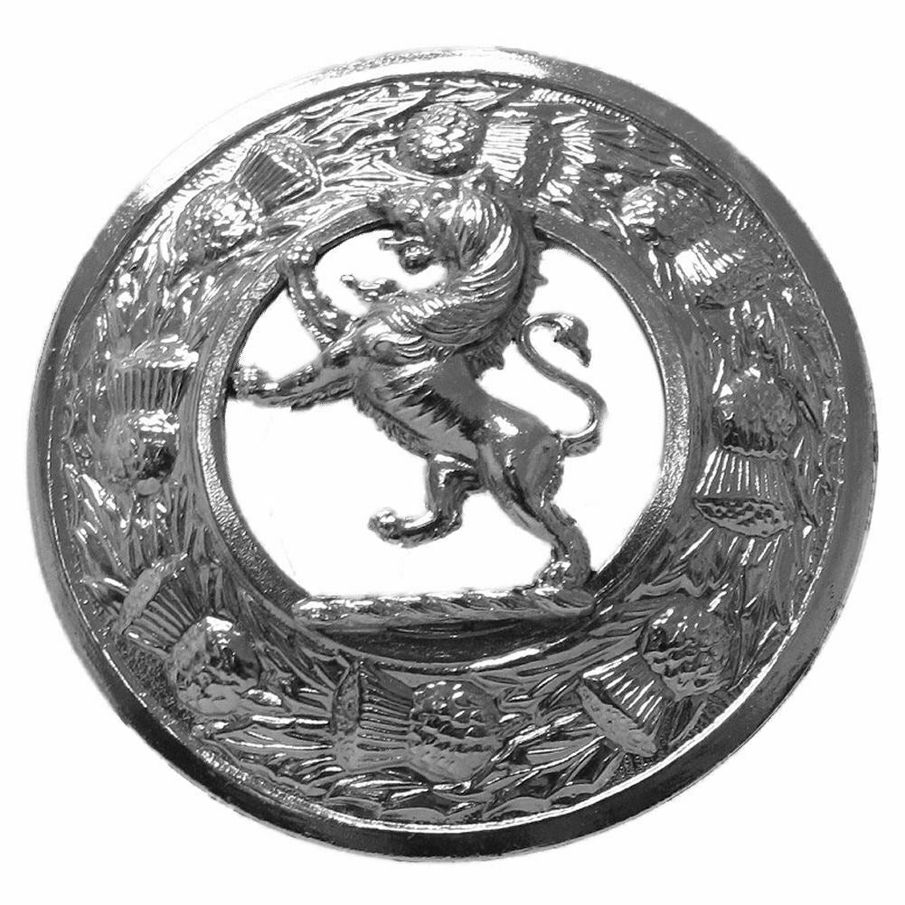 Men Scottish Lion Fly Plaid Brooch With Thistles In Chrome-Tc
