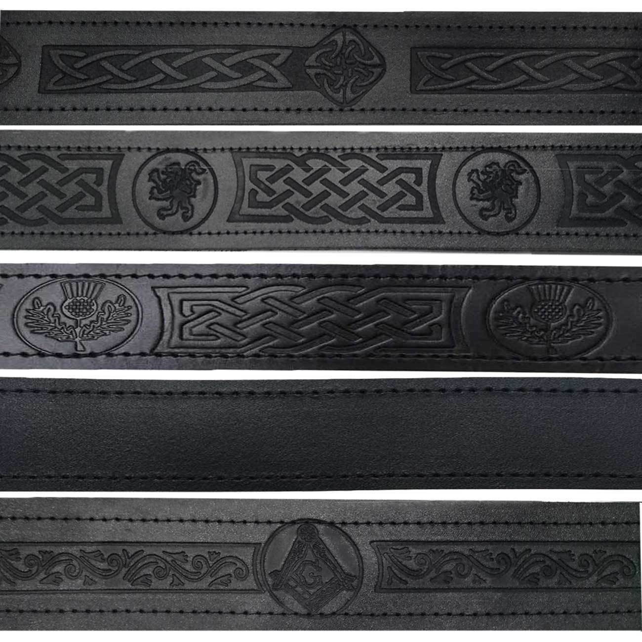 Embossed Kilt Belt Black Leather Various Design Celtic Thistle Masonic-TC
