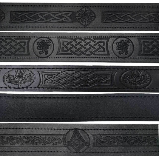Embossed Kilt Belt Black Leather Various Design Celtic Thistle Masonic-TC