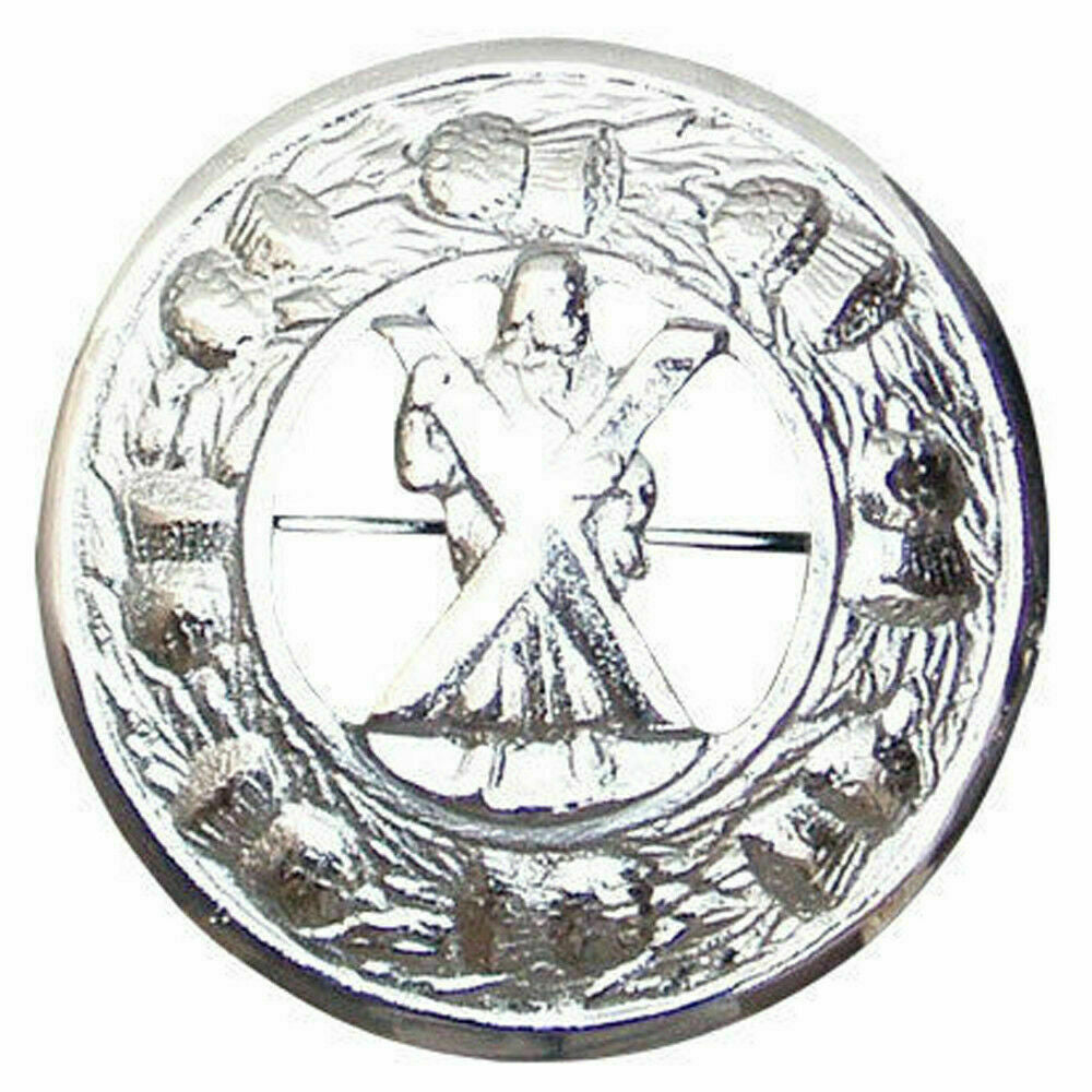 KILT FLY PLAID BROOCH LARGE WITH SCROLLING THISTLE BORDER VARIOUS DESIGNS-Tc