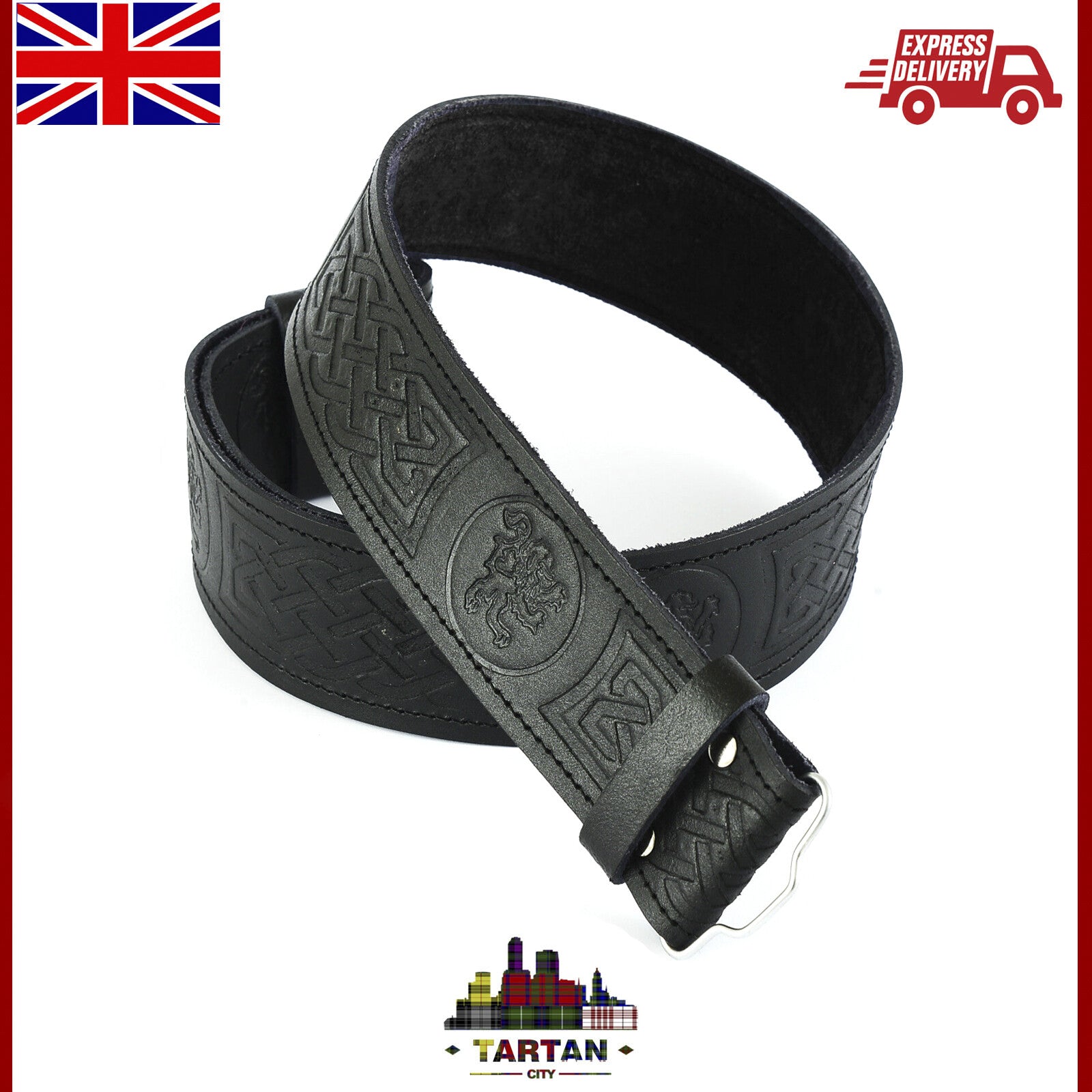 " TC Goffrato Nero Pelle Cintura Kilt - Celtic / Cardo / Massonico "