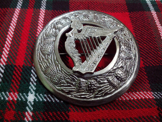 TC Men’s Kilt Fly Plaid Brooch Irish Harp Chrome Finish/Celtic Harp Brooches