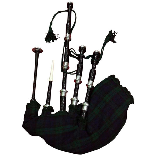 TC SCOTTISH BAGPIPES ROSEWOOD BLACK COLOR SILVER MOUNTS BLACK WATCH TARTAN COVER