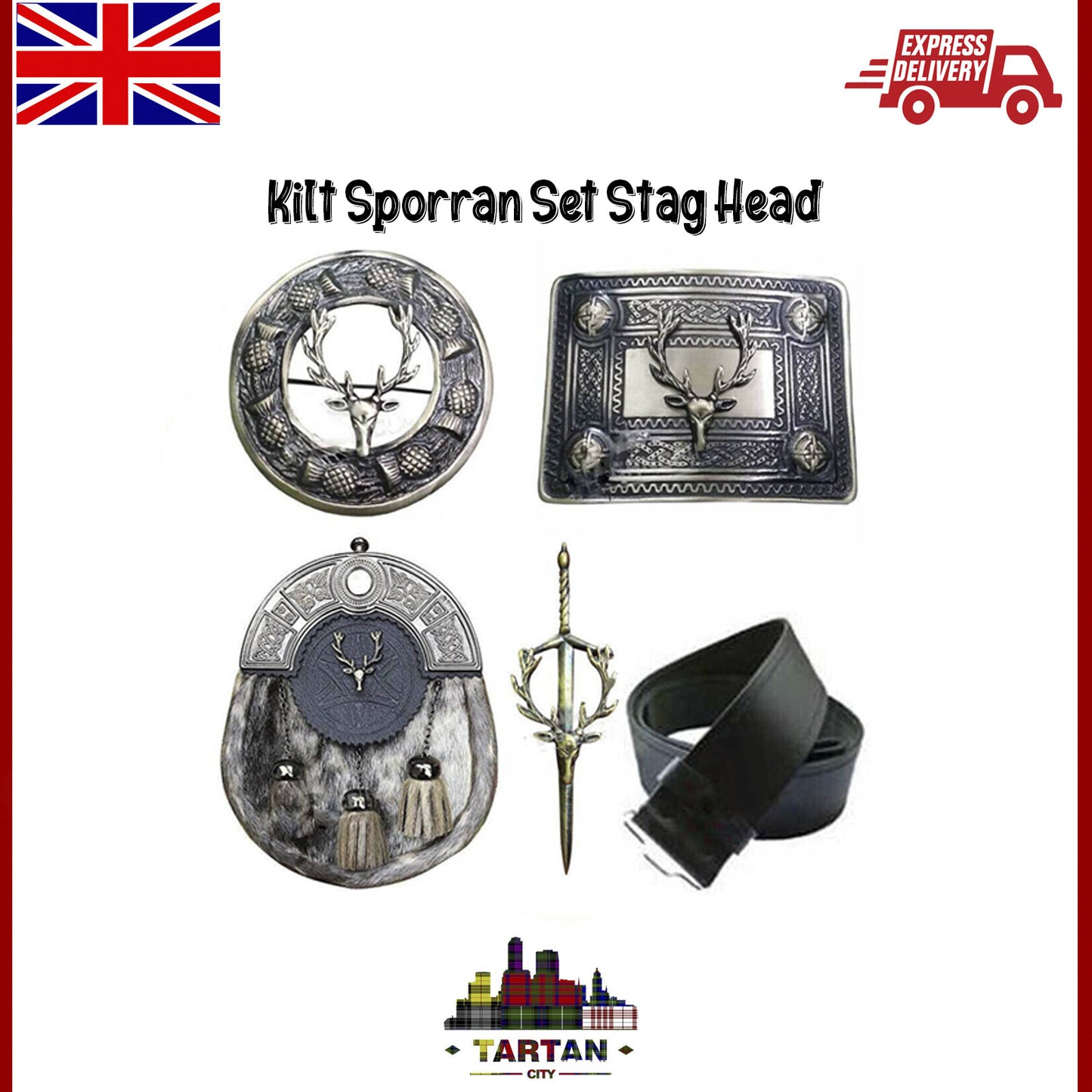 Tartancity Kilt Accessory Set - Sporran, Buckle, Brooch & Pins for Full Outfit