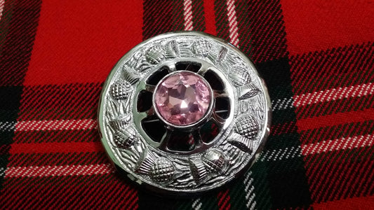 TC Celtic Fly Plaid Brooch Chrome Finish Pink Stone 3"/Scottish Thistle Brooches