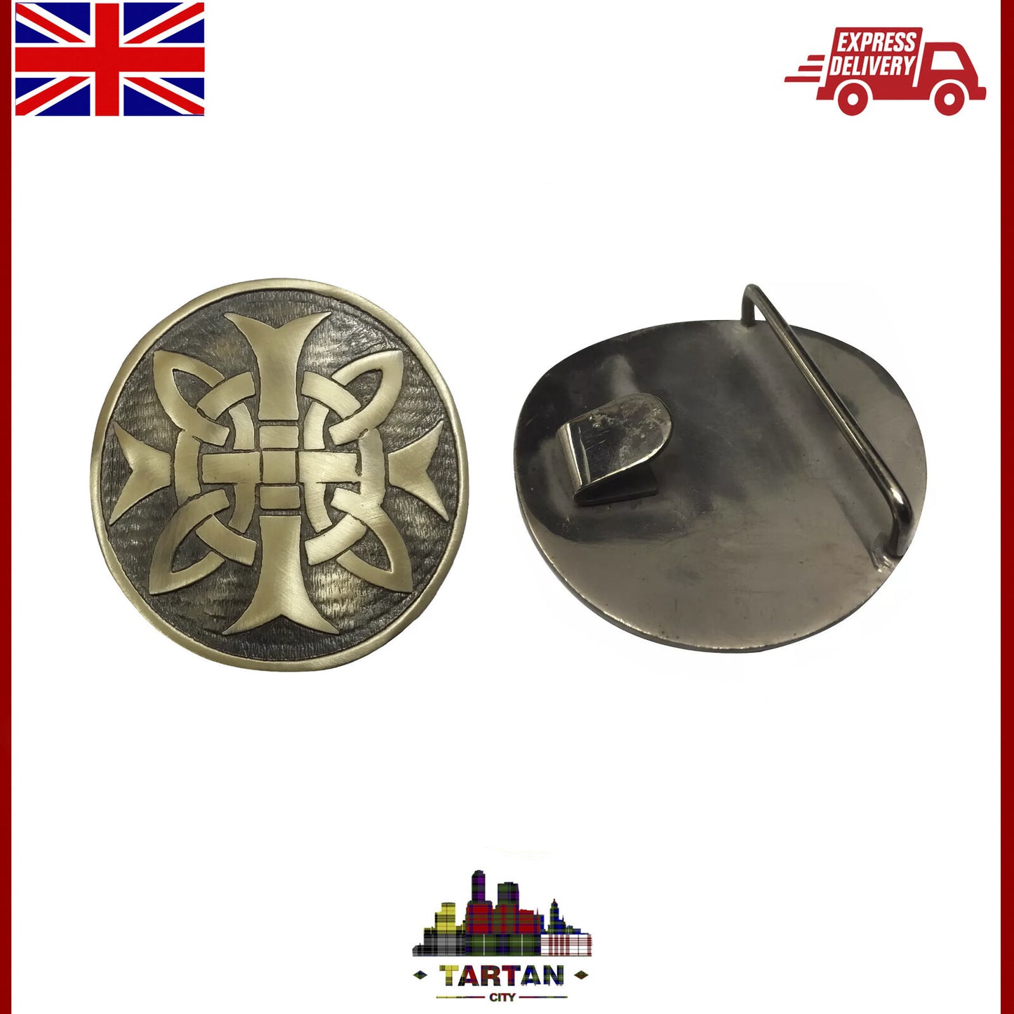 Celtic Cross Kilt Belt Buckle – 3" Brass/Chrome Antique Finish – Highlands Acces