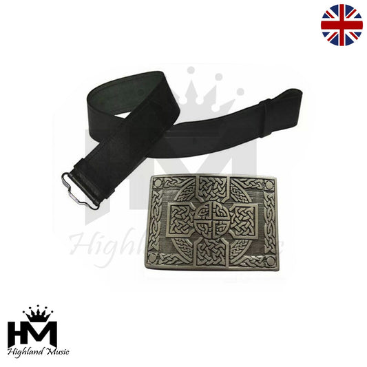 Scottish Highland Black Leather Kilt Belt & Antique Celtic Knot Buckle