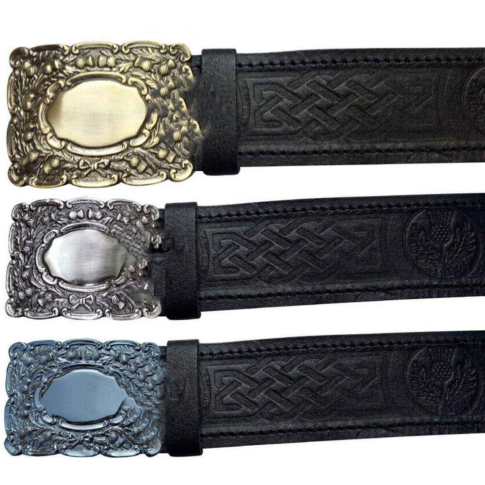 New Scottish Kilt Belt Leather Thistle Embossed Black Piper Belts Buckles-TC