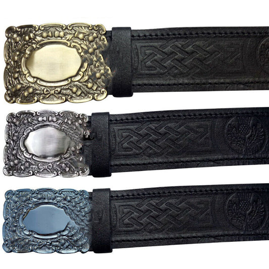 New Scottish Kilt Belt Leather Thistle Embossed Black Piper Belts Buckles-TC