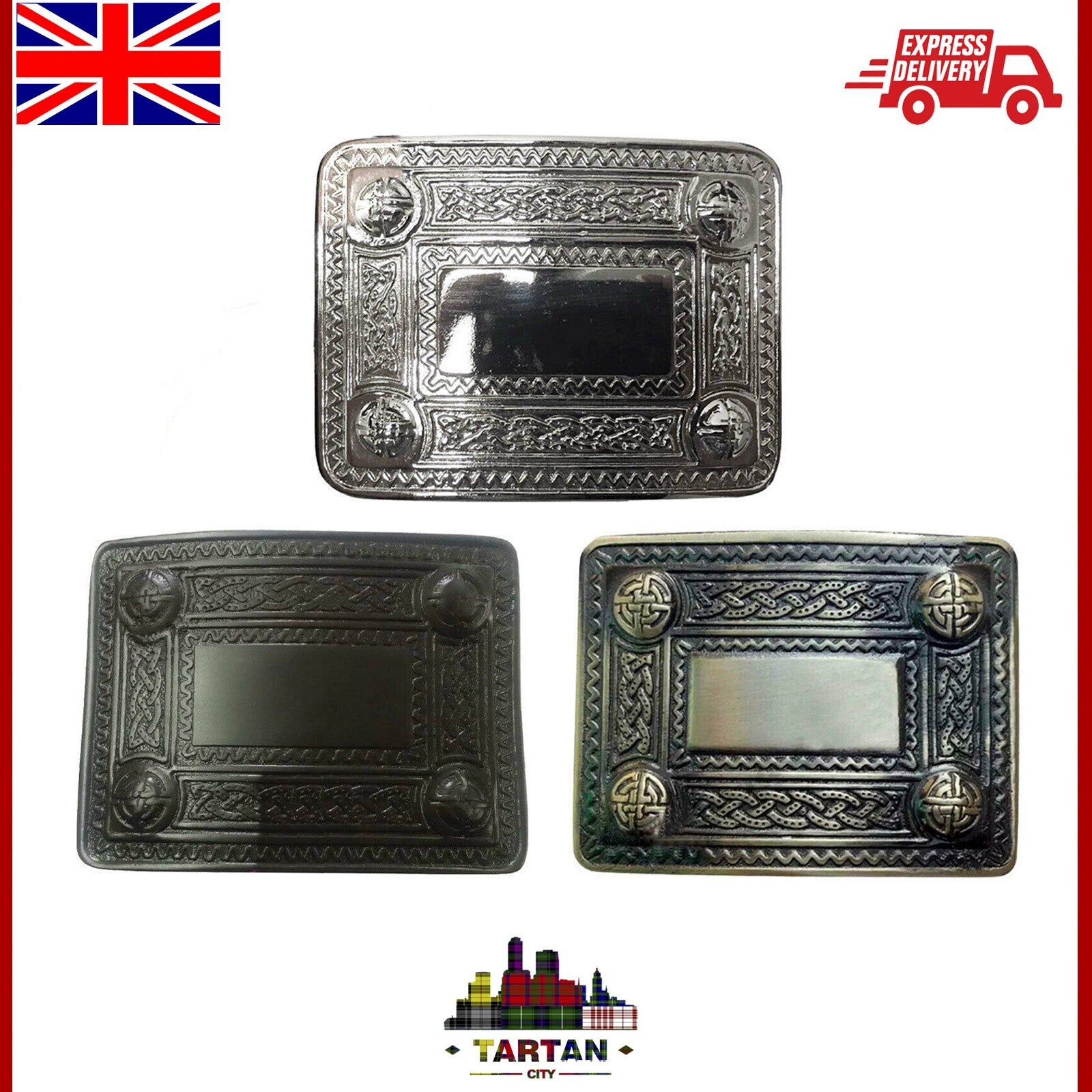 Scottish Kilt Buckle Belt by Tartancity – 4 Dome Mirror Design in Antique/Chrome