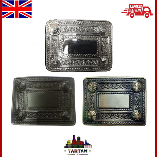 Scottish Kilt Buckle Belt by Tartancity – 4 Dome Mirror Design in Antique/Chrome