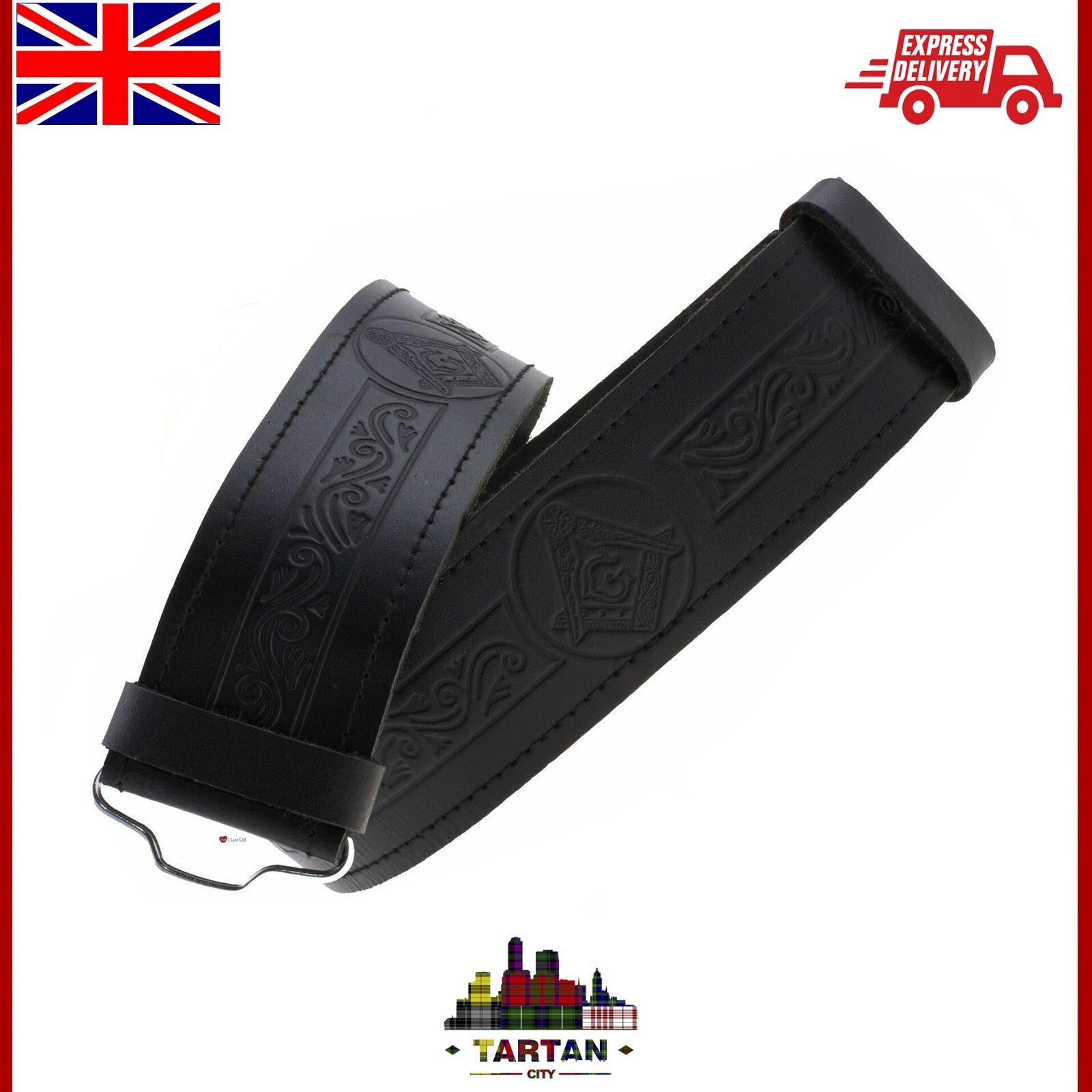 " TC en Relief Cuir Noir Ceinture Kilt - Celtique/Chardon/Maçonnique "
