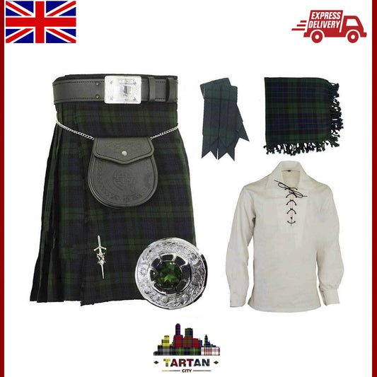 "Men’s Black Watch Tartan Kilt Set – 5 Yards, 16oz Wool, 9-Piece Outfit with Pin